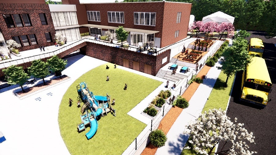 Design drawing of new building. Aerial View of Play Courtyard and SE Garden