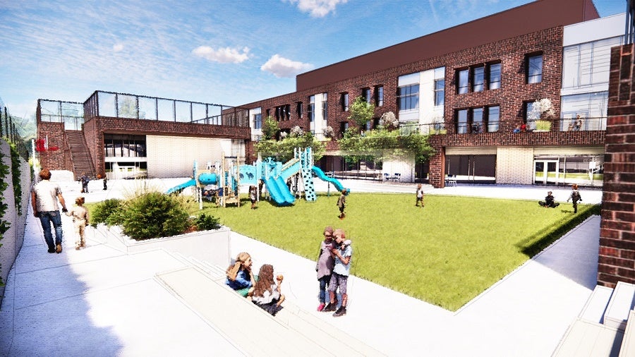 Design drawing of new building. View from SW Garden Area to Play Courtyard